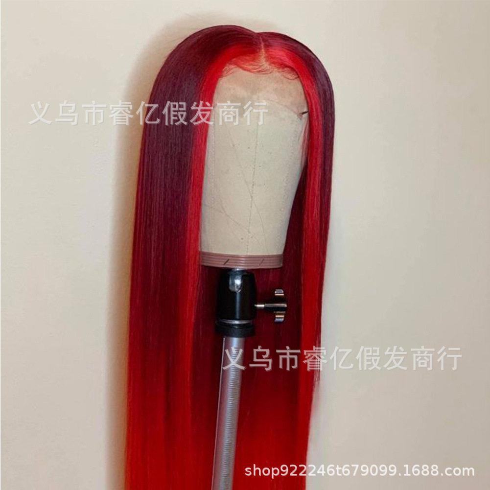 新款直销睿亿新品热销欧美假发 中分黑色挑色红色前蕾丝长直发尺