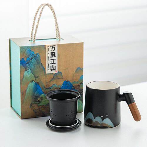 新款直销万里江山木柄陶瓷马克杯茶水分离公室泡茶杯带过滤水杯可
