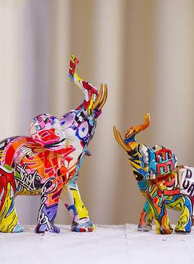 新款直销跨境创意工艺品欧式炫彩水转印大象摆件家居客厅办公室涂