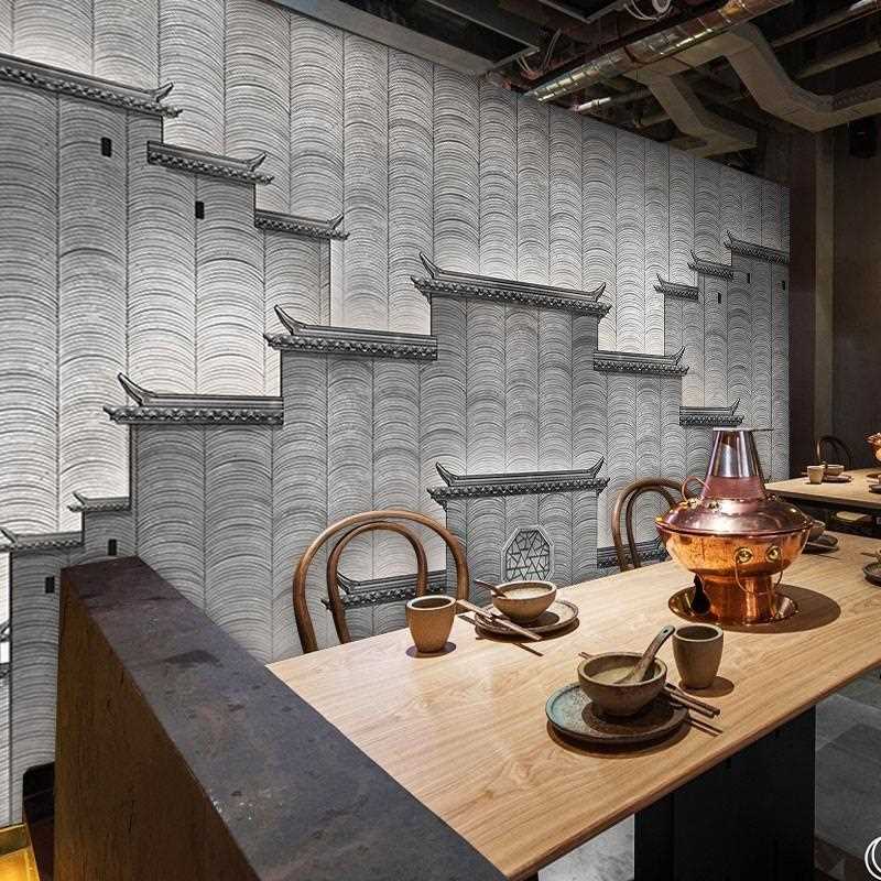 新款直销徽派建筑屋檐墙纸餐厅背景墙壁画江南水乡火锅店酒楼饭店