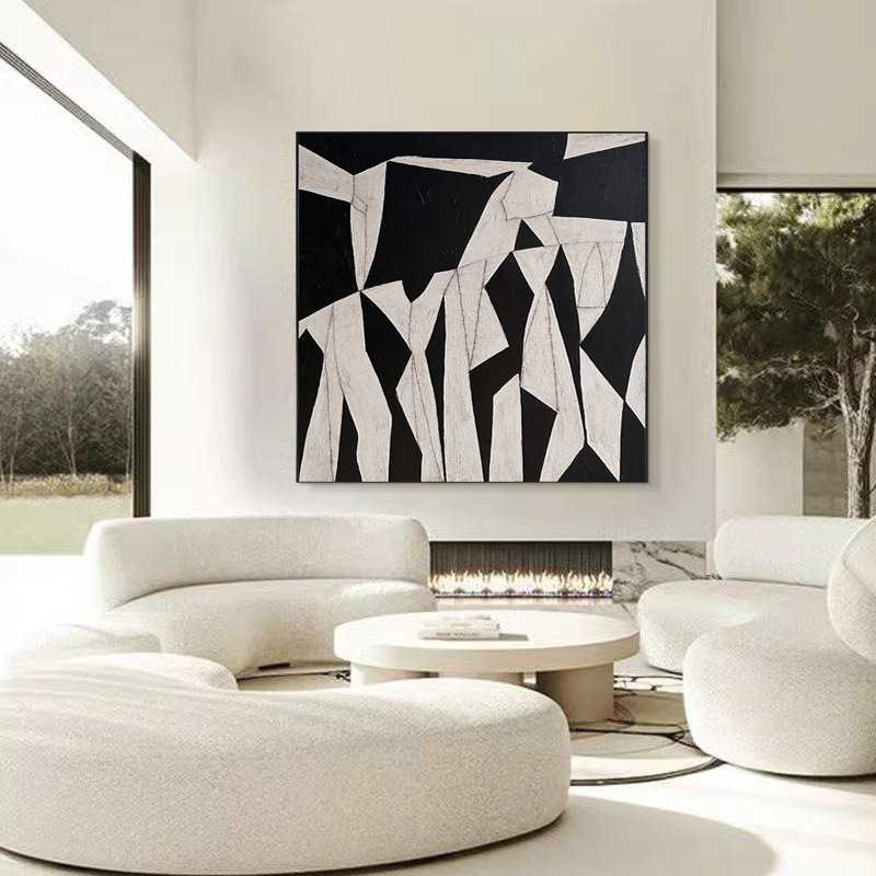 新款直销现代抽象客厅沙发背景装饰画艺术黑白色块挂画酒店民宿床图片