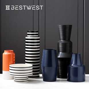 新款直销博西家居 黑白色条纹几何直筒陶瓷花瓶摆件家居软装装饰