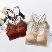 新款 直销女士吊带背心内衣纯色交叉无钢圈均码 细肩带蕾丝舒适美背