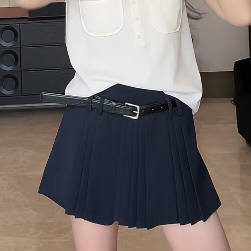 现货芝芝【青春定格】夏季女多色百褶高腰含亚麻学院风A字裙裤