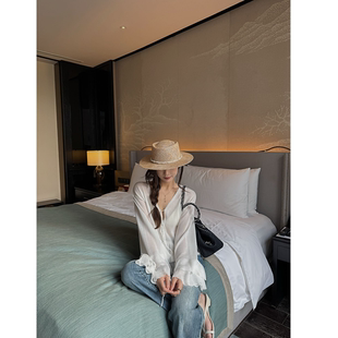 V领系带荷叶边亚麻亲肤衬衫 柔情 法式 现货芝芝