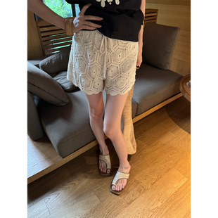 钩花镂空高腰显瘦直腿纯棉短裤 法式 初雪映花 现货芝芝