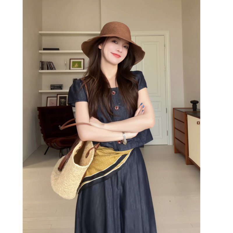 现货芝芝【蔚蓝盛夏】夏季女高腰短袖牛仔上衣时尚牛仔裤休闲套装