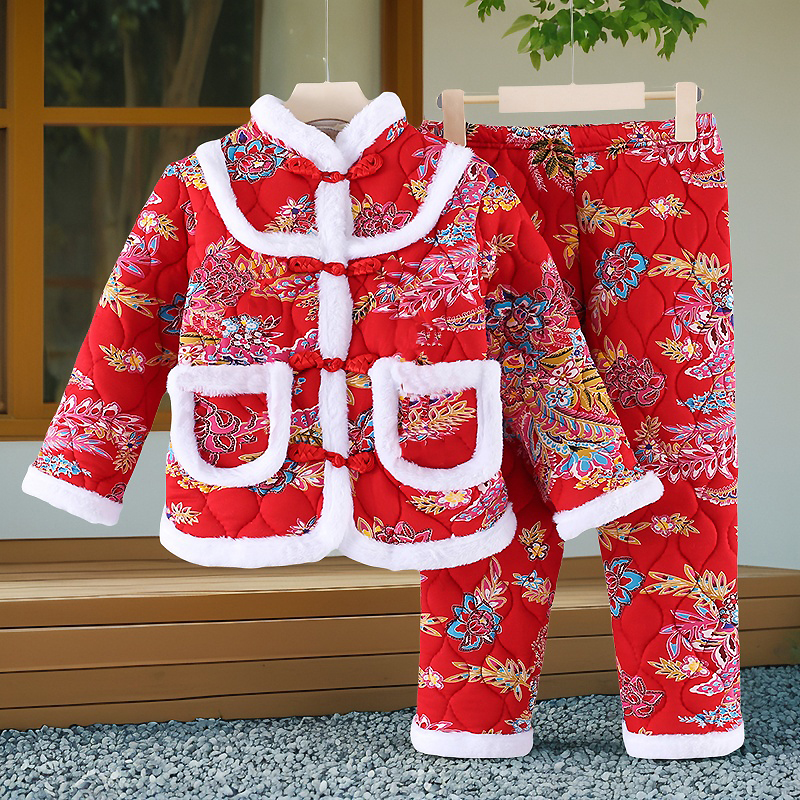 萌趣豆女童冬季国风大花棉衣套装