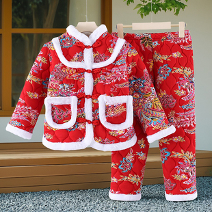 女童冬季大花棉衣套装中大童国风拜年服加绒加厚保暖唐装棉衣裤