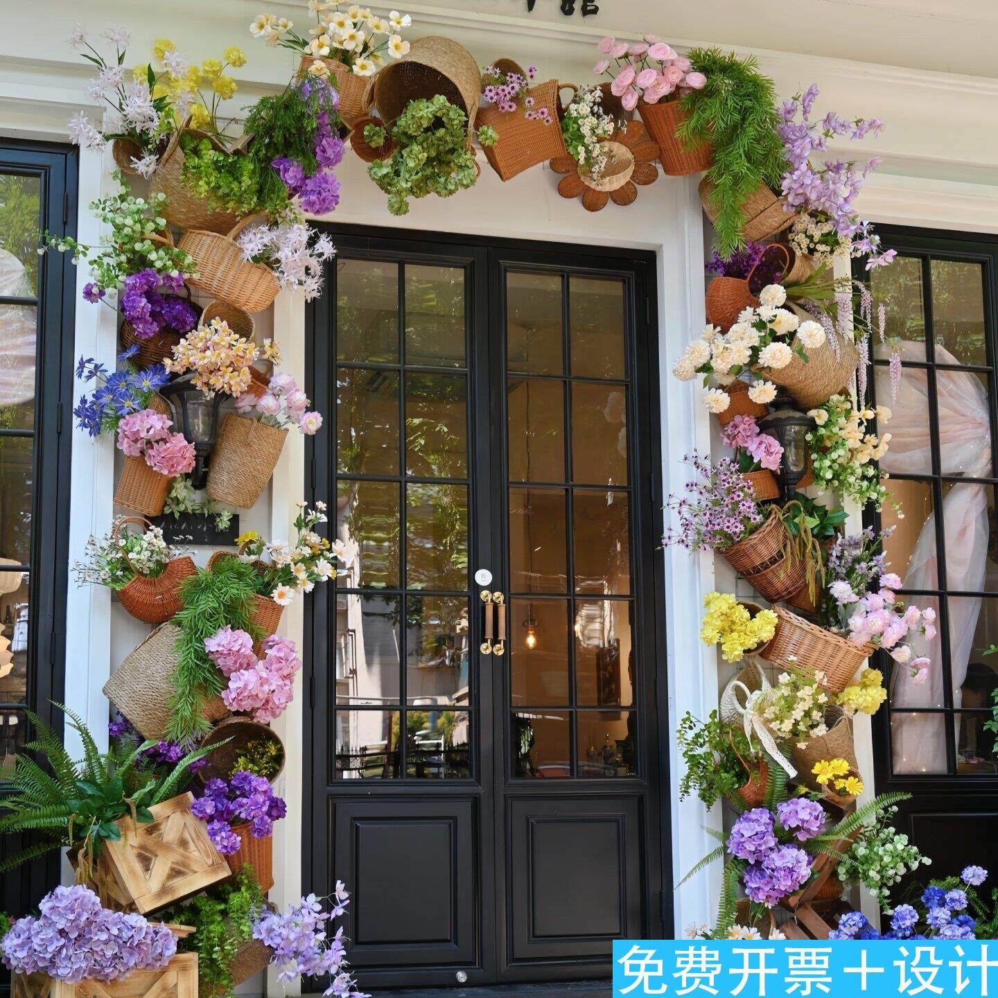 编制花篮仿真花咖啡馆店铺门头莫奈花园场景美陈装饰网红打卡造景