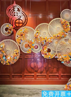 竹编斗笠花艺悬挂美陈店铺