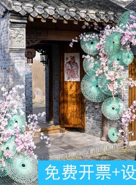 氛围感小院门口新中式创意绿色防水圆形竹编打卡拍照背景装饰布置