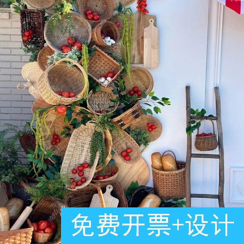 创意藤编花墙美陈蒲扇篮子仿真大面包店铺橱窗布置大蒲扇墙壁橱窗
