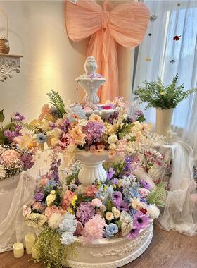 甜品店室内莫奈花园场景布置装饰真花藤蔓花排木制法式荡秋千
