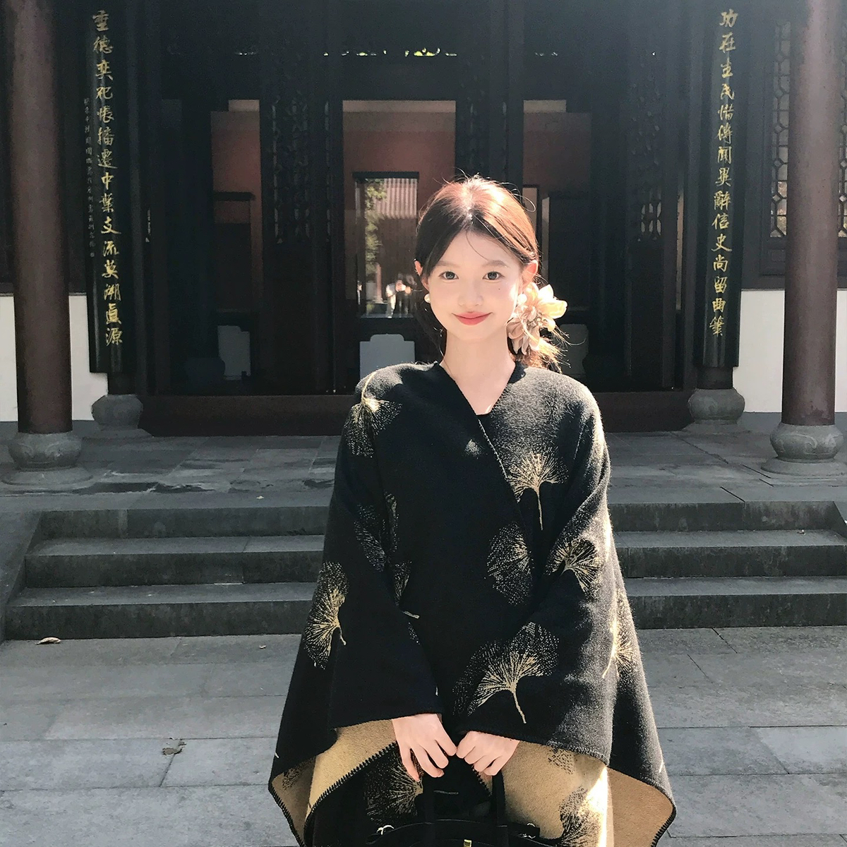 新中式银杏叶披肩外搭民族风斗篷保暖围巾披风女披肩妍衣坊女装
