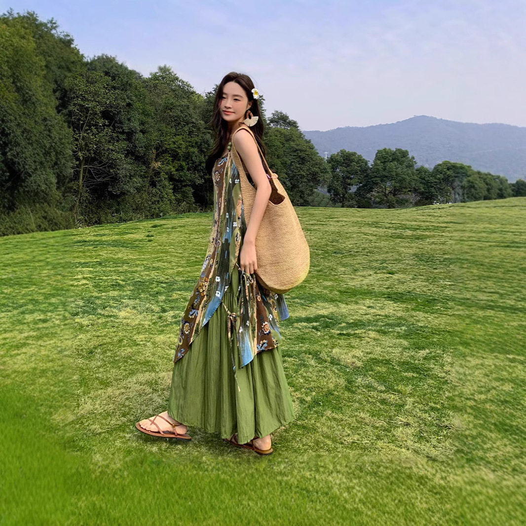 波西米亚甜美花卉印花吊带长裙女云南大理度假民族风连衣裙妍衣坊