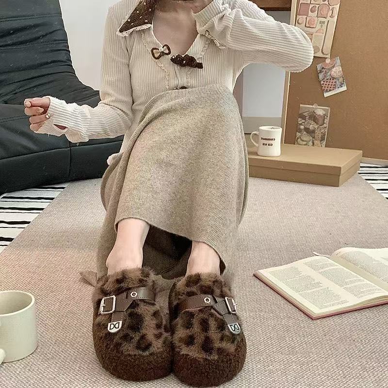 豹纹毛毛拖鞋女外穿2025秋冬