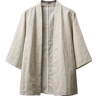 中國風男士 道袍亞麻外套男裝 大碼 棉麻漢服復古寬松七分袖 古風 開衫