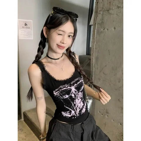 吊带蕾丝花边女夏季ins上衣外穿辣妹修身酷风印花甜显瘦背心短款