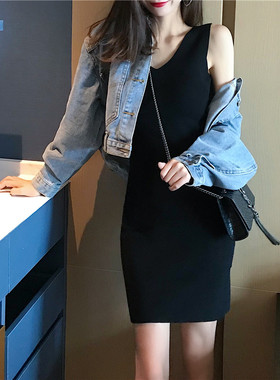 法式早秋针织打底连衣裙女中长款无袖吊带背心裙小个子包臀裙春季