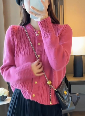 玫粉色麻花毛衣开衫女时尚洋气减龄秋冬2024新款小个子针织衫外套