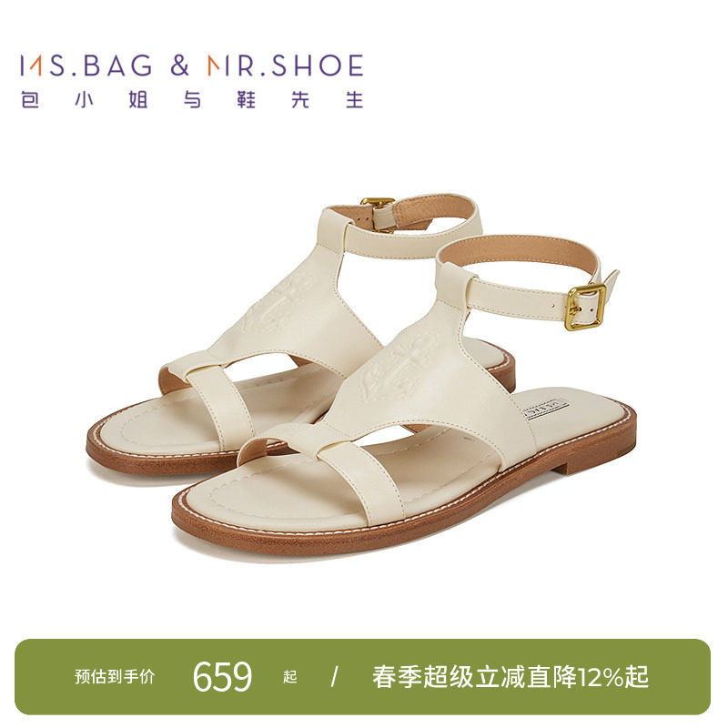 包小姐与鞋先生夏季牛皮船锚图案休闲平底凉鞋女252380