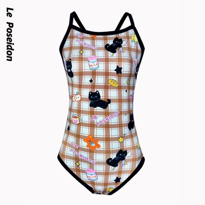 美拉德竞速泳衣秋冬新款格子猫咪
