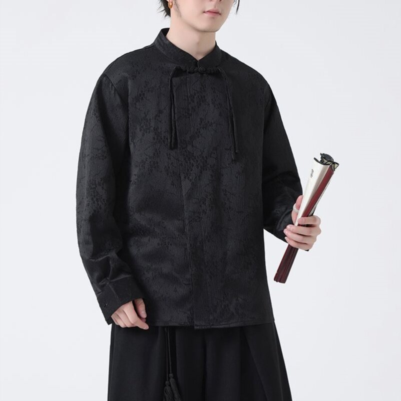 特卖新中式唐装男士中国风流苏盘扣长袖衬衫复古改良斜襟汉服道袍
