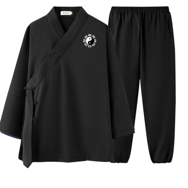 特卖新款太极八卦刺绣高端三清领道服古风亚麻长袖三宝领国风道袍