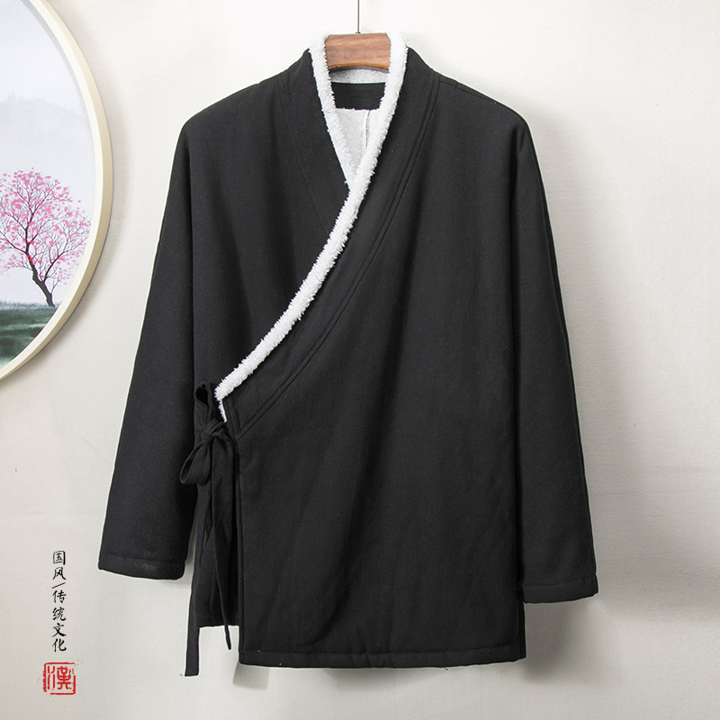 特卖冬季中国风加绒加厚斜襟汉服外套男装古风道袍居士服唐装禅意