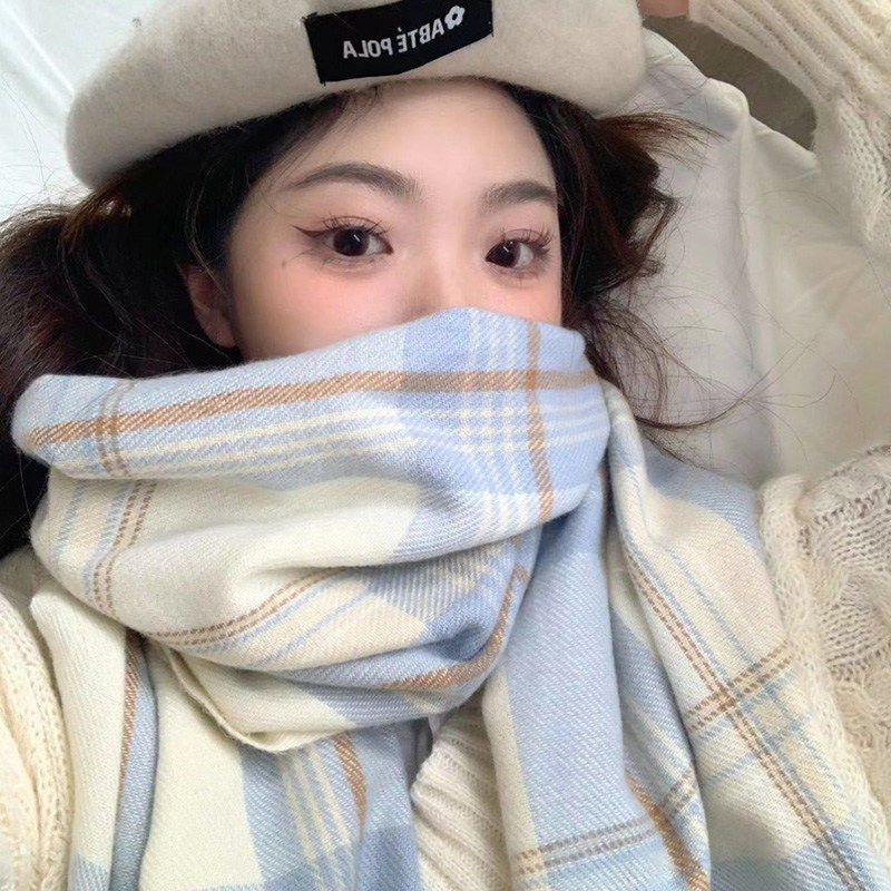 蓝白格子围巾女秋冬保暖抗寒韩系氛围感围脖百搭可爱学生学院风