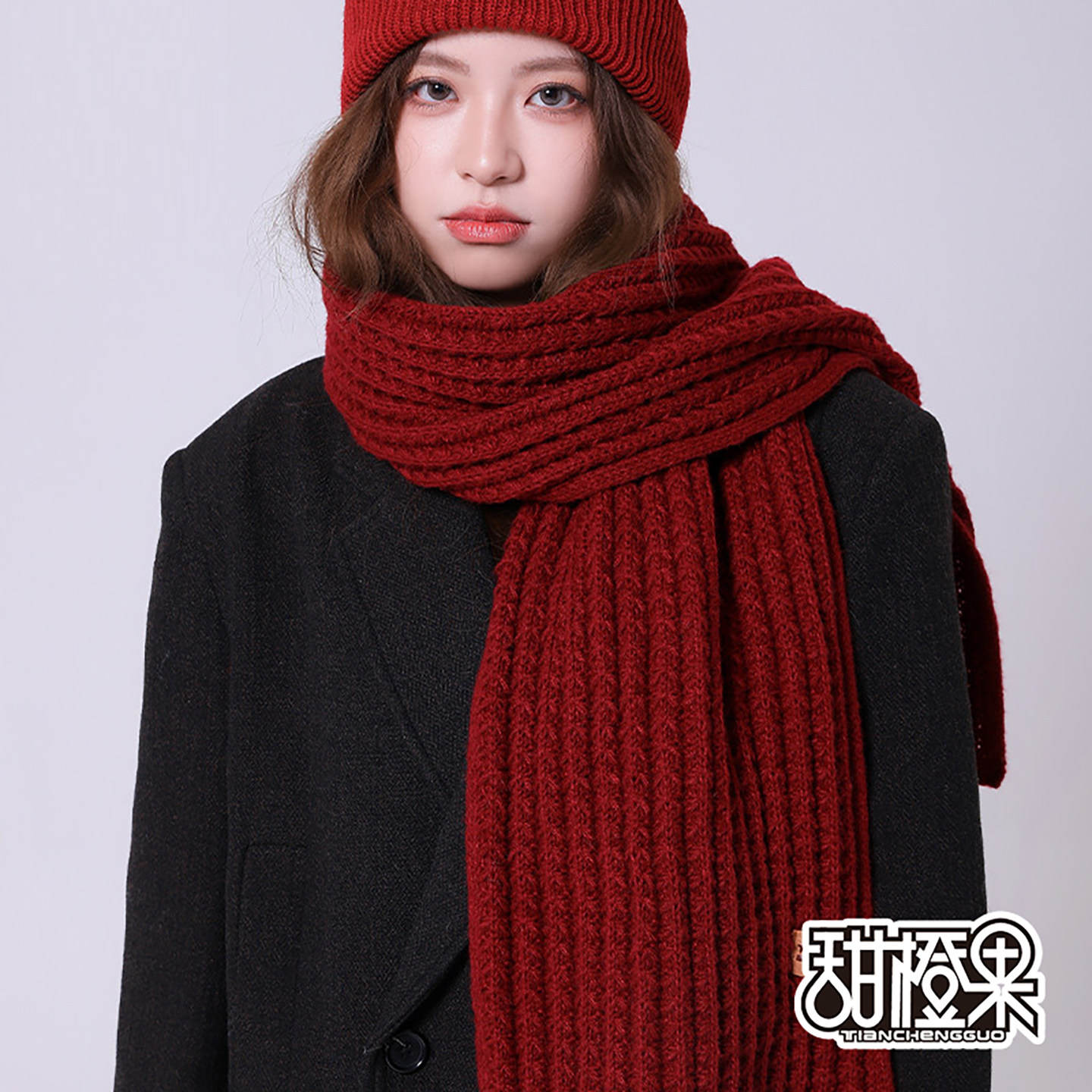 红色毛线围巾女冬季高级感2025新款保暖百搭韩版针织学生情侣围脖