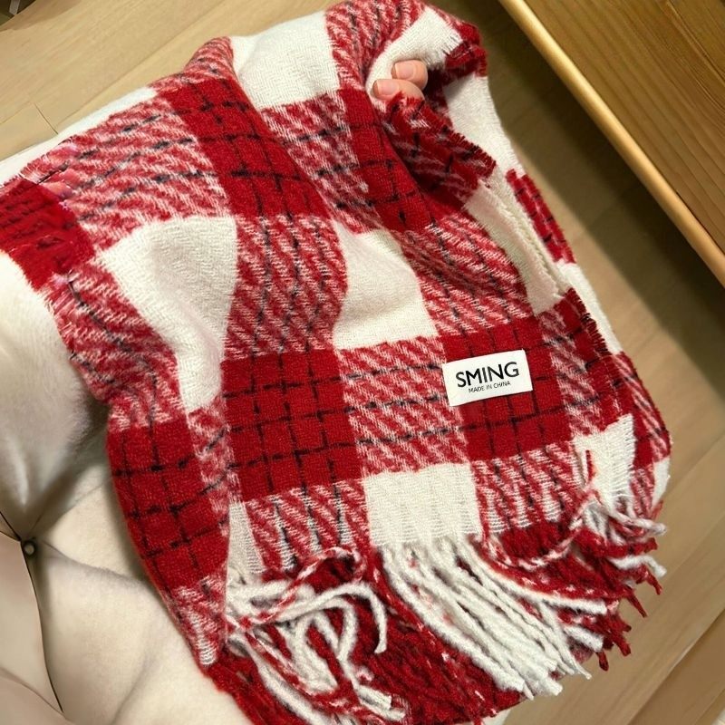 新年红色格子围巾女秋冬季2025新款百搭披肩韩系氛围感高级感围脖