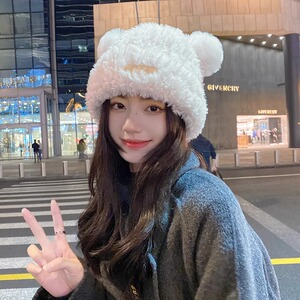 针织毛绒耳朵棉帽2023新款秋冬保暖毛线小熊帽子女冬季可爱白色茸
