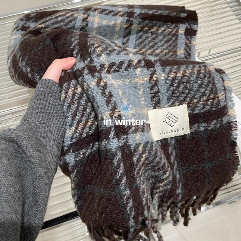 韩系蓝色格子围巾女冬季保暖护肩围脖高级氛围感百搭防风寒情侣