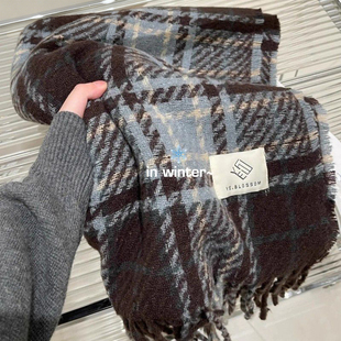 韩系蓝色格子围巾女冬季保暖护肩围脖高级氛围感百搭防风寒情侣