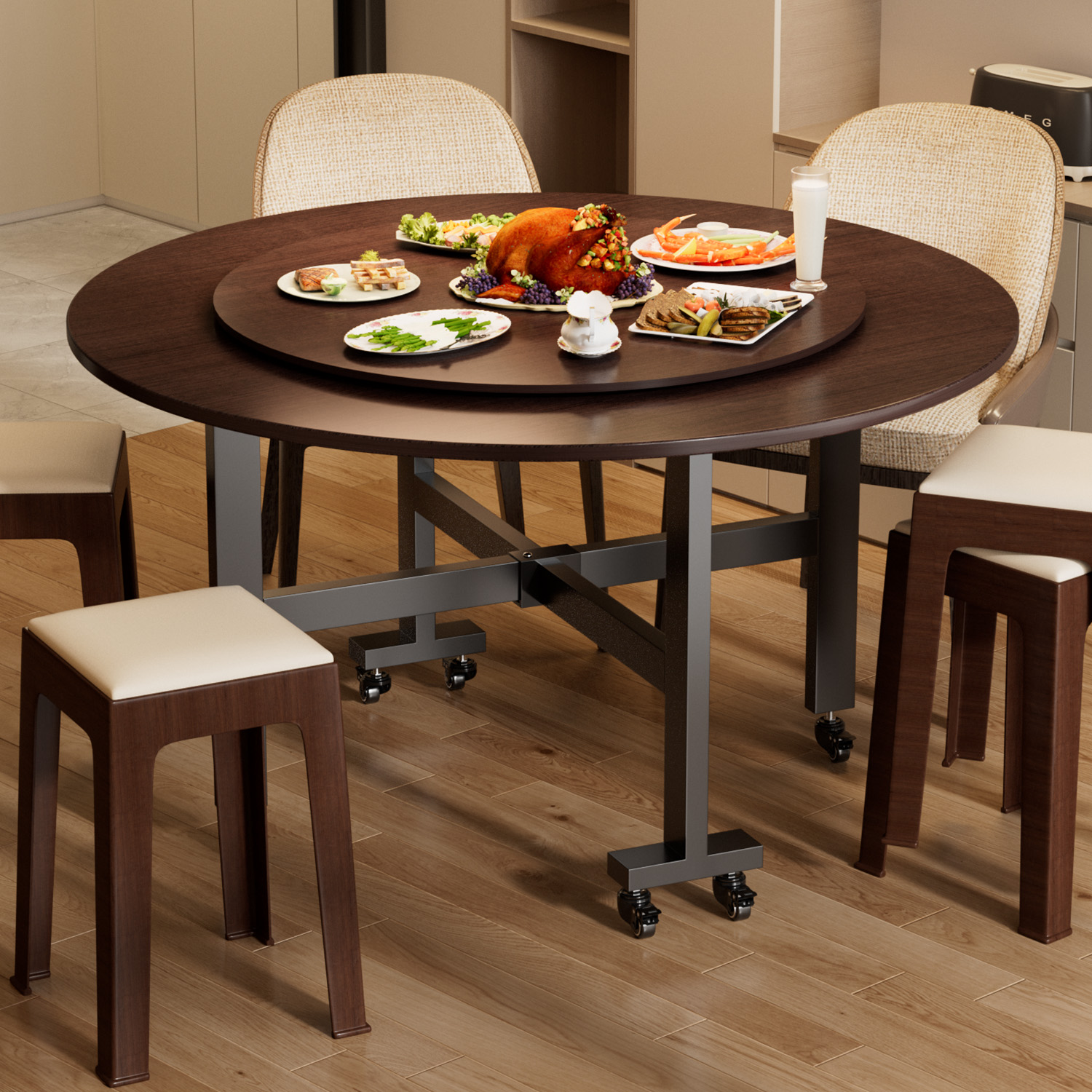 折叠圆桌餐桌家用大圆桌10人吃饭桌子免安装新型折叠饭桌圆形餐桌