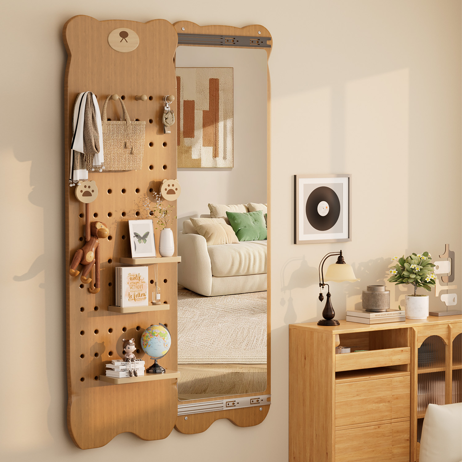 小熊洞洞板穿衣镜置物架挂衣一体入户卧室玄关高清试衣镜子可推拉