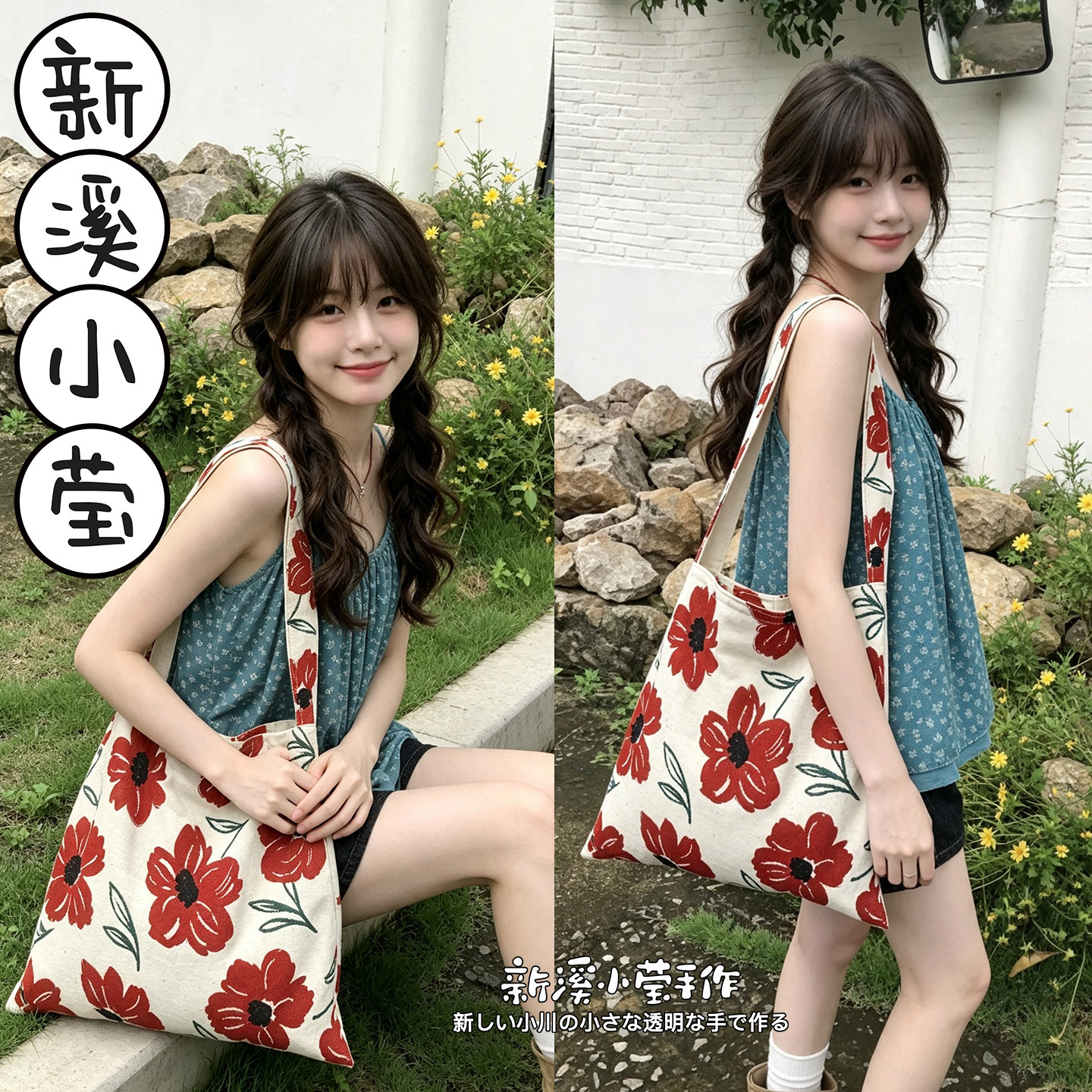 台湾棉麻田园风蜡笔花法式古布棉拍照道具罂粟清新单肩包通勤便携