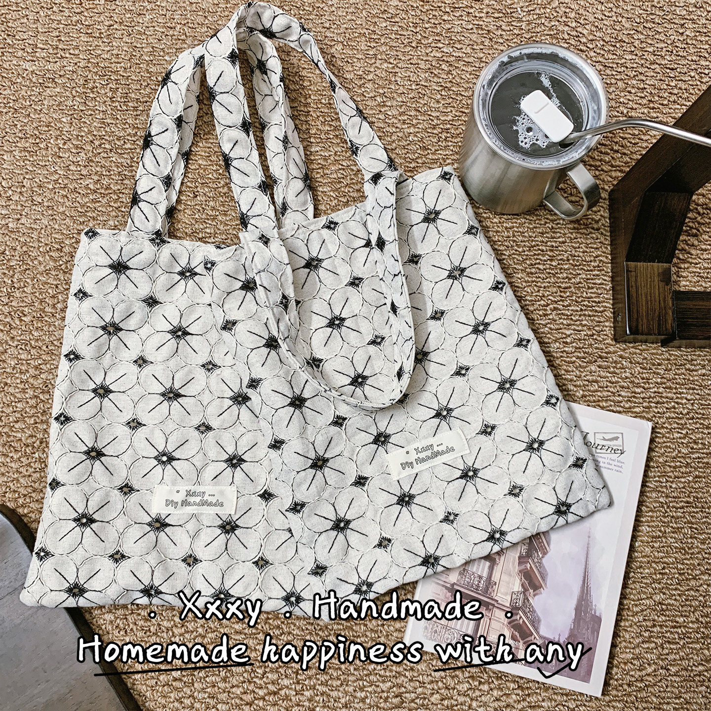 法式复古花朵印花刺绣拎包遛弯包女通勤百搭棉麻日系风骨手作布包