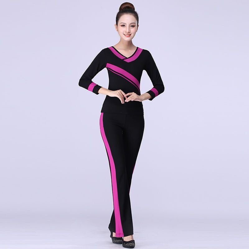 特价杨丽萍广场舞服装长袖套装秋冬加厚莫代尔拼色v领中老年女舞