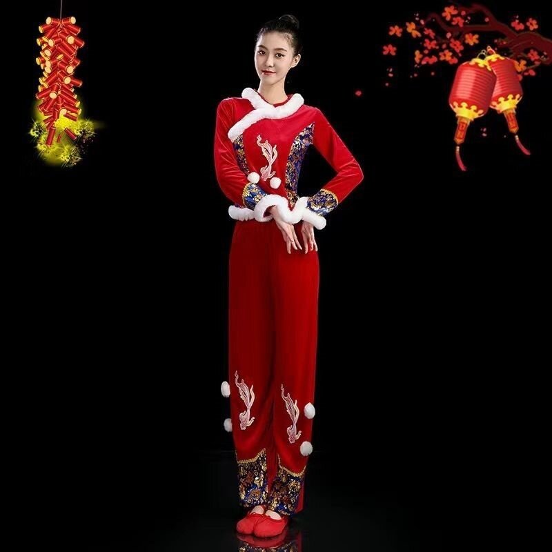特价新款秧歌服秋冬季金丝绒春英老师广场舞套装红色喜庆打鼓服演