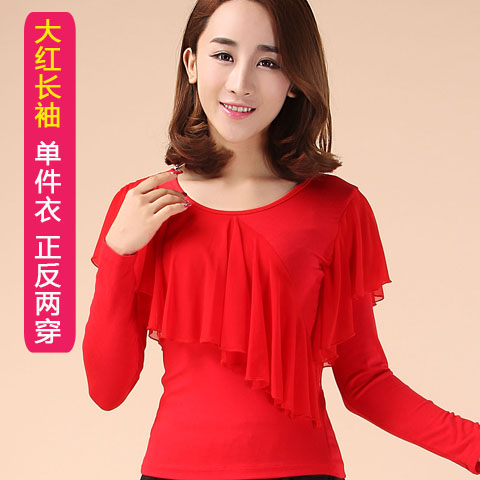 特价新款舞蹈服装秋冬网纱跳舞上衣棉 女圆领广场舞拉丁舞表演跳
