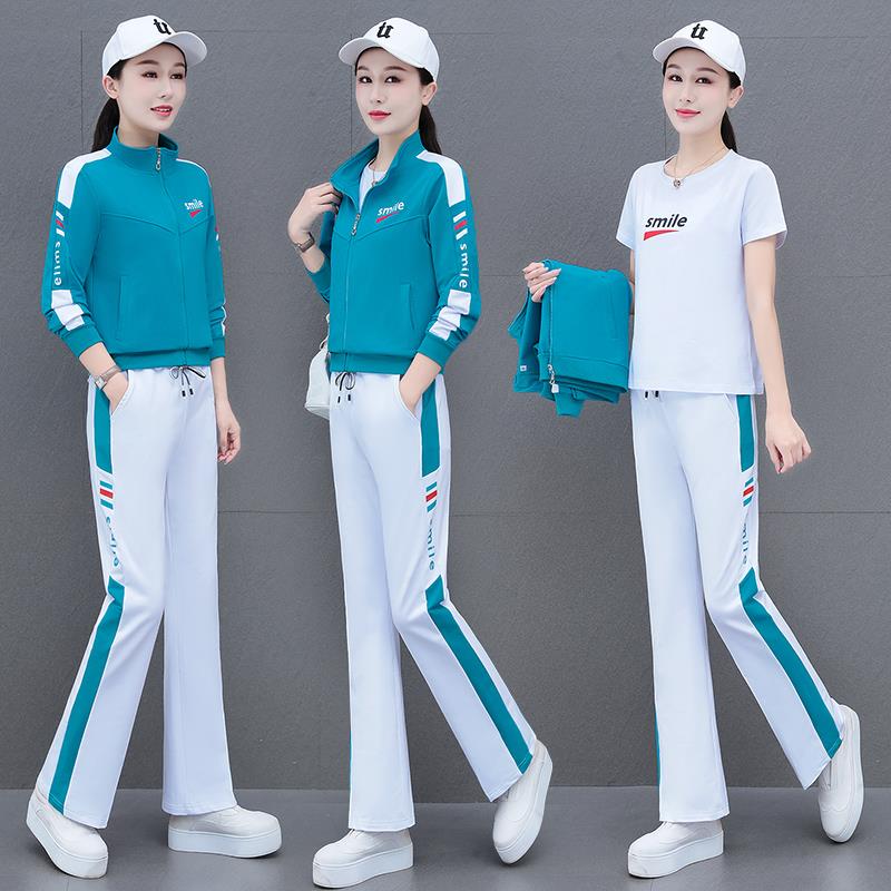 新款立领开衫微喇叭裤运动服套装女2024春秋广场舞跳舞团购宽松三