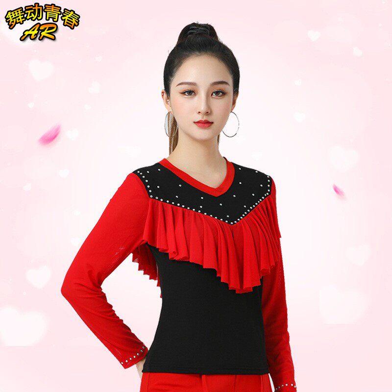 舞蹈上衣新款长袖广场舞服装女三步踩时尚荷叶边镶钻舞蹈服