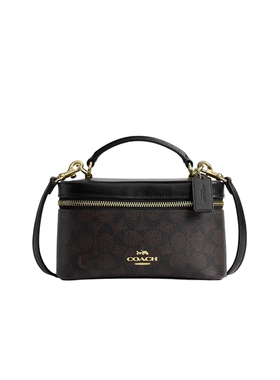 【自营】COACH/蔻驰品牌徽标拉链开合人造革小号女款棕色拼黑色
