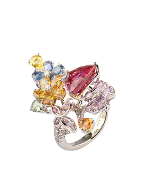【自营】中古95新日本进口花形多彩宝石钻石碧玺750白金52号戒指