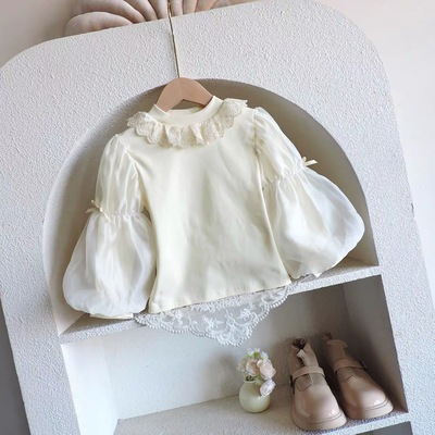 女童蕾丝花边打底衫2025秋冬新款公主裙内搭纯色纯棉洋气长袖套装