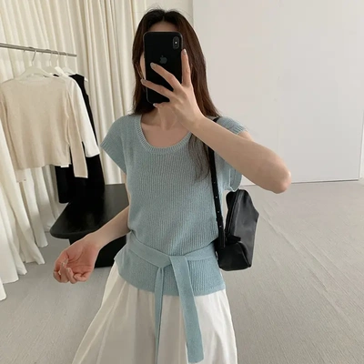 薄款针织衫女2025夏季新款韩系前长后短绑带设计感露腰大袖口上衣