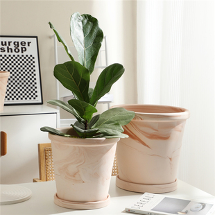翻沿渐变白陶土盆经典 红陶花盆客厅阳台落地陶瓷花盆透气植物花盆